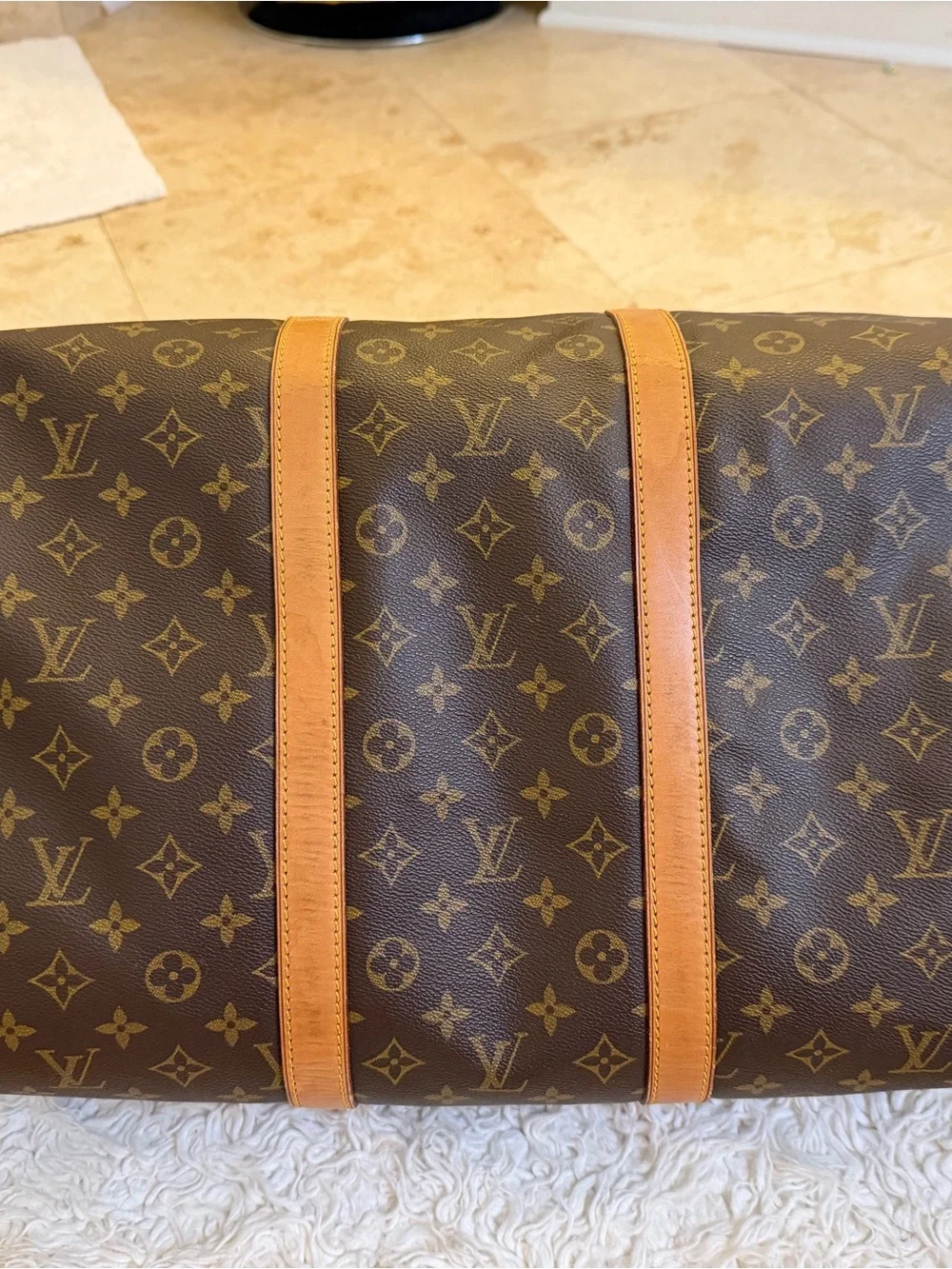 Louis Vuitton Keepall 55 Brown Monogram Canvas Duffel with Natural Leather Trim